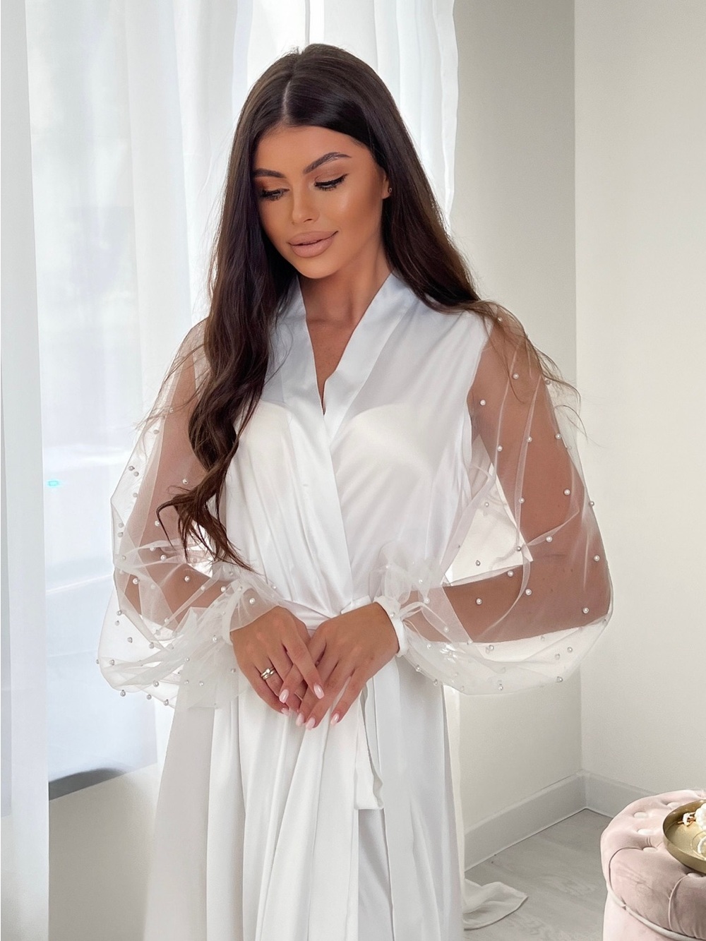 Heirloom Bridal Company Pearl-Accent Sheer-Sleeve White Satin Robe
